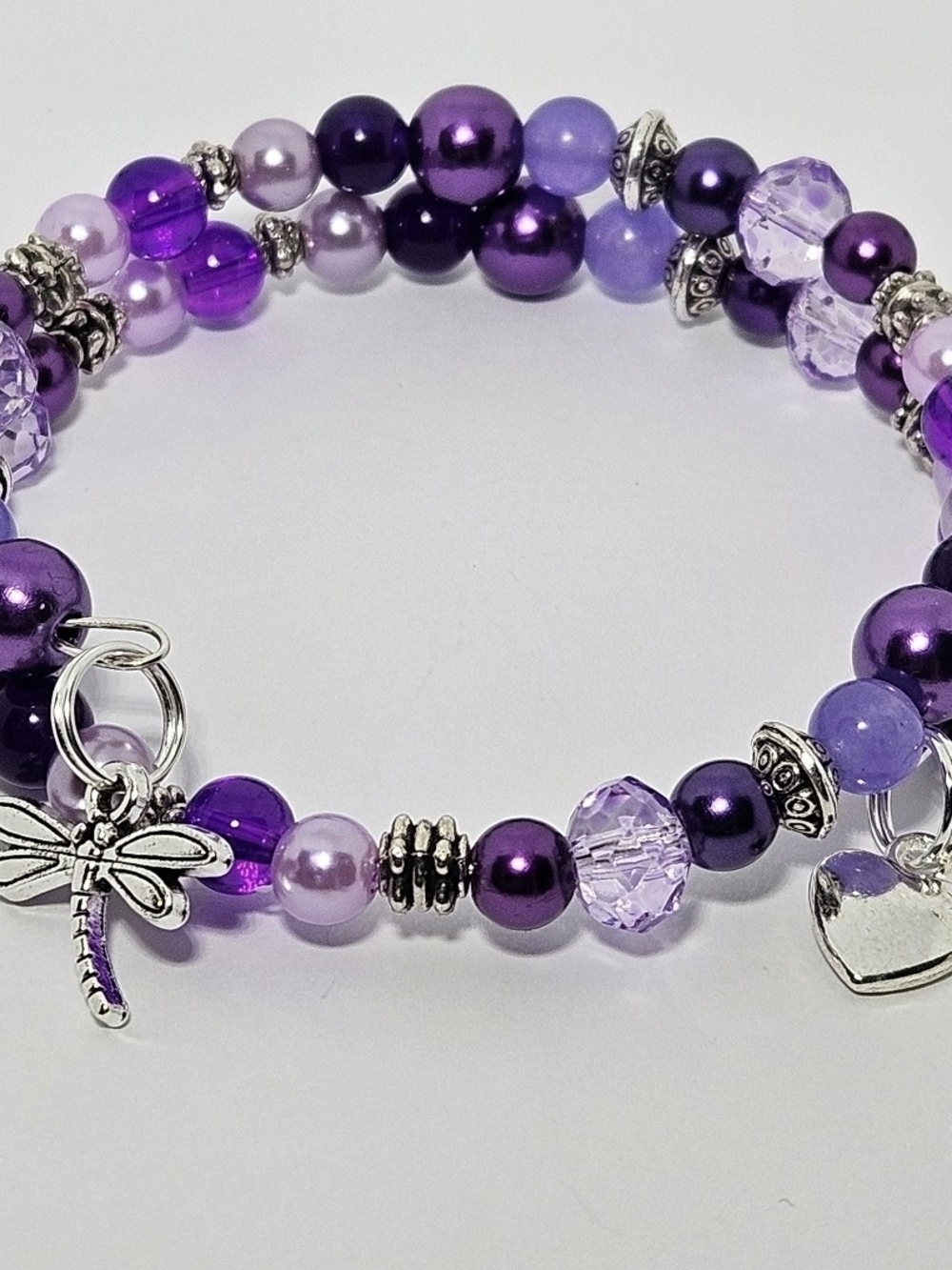 Purple Beaded Charm Bracelet - Dragonfly